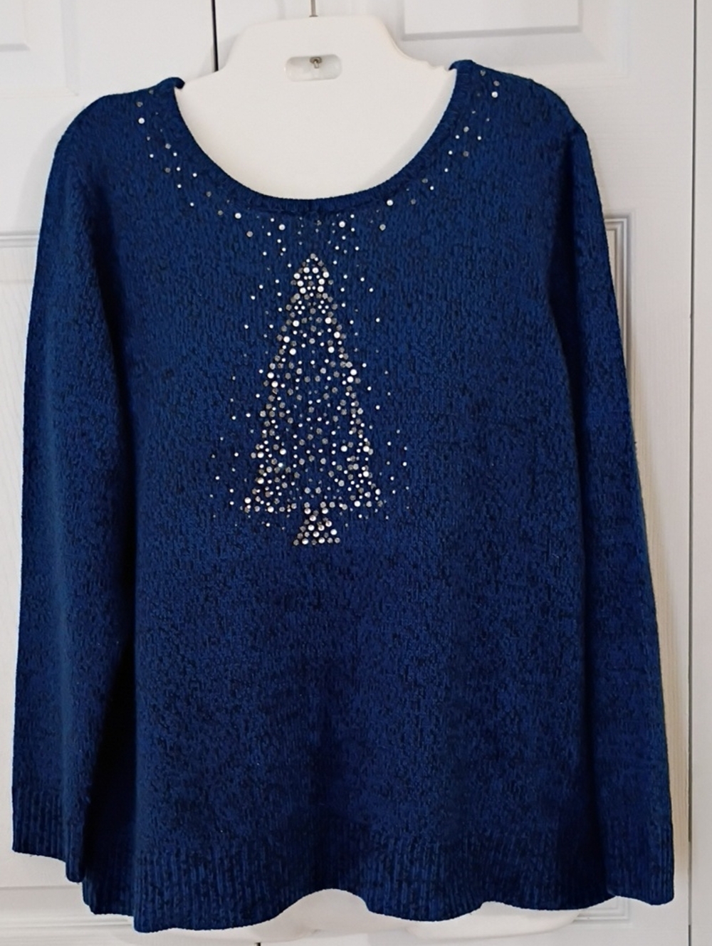croft & barrow Navy Blue Rhinestone Christmas Tree Scoop Neck Sweater XXL